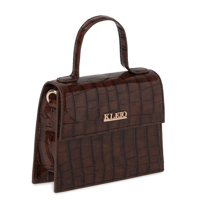 KLEIO PU Leather Top Handle Mini Handbag with Detachable Sling - Brown - Image 3